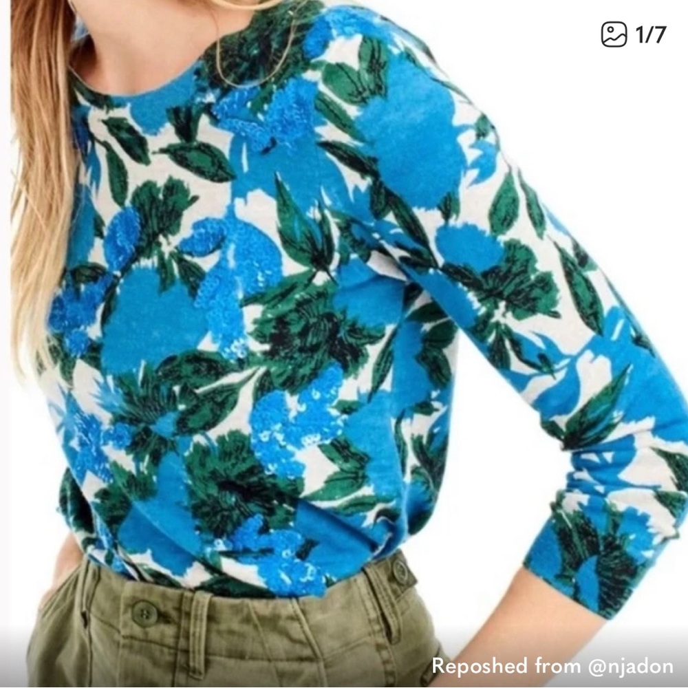 J. Crew 100% Merino Blue and Green floral sequin sweater